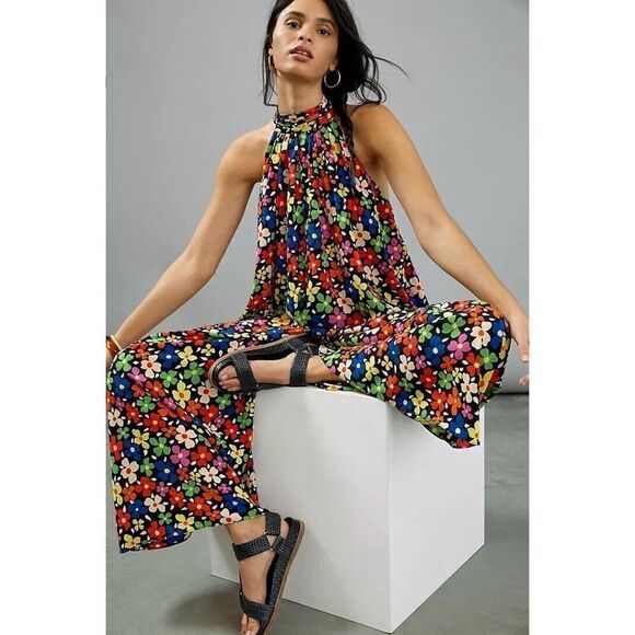 NEW ANTHROPOLOGIE Sz L TESSANE FLORAL WIDE LEG JUMPSUIT X TRAFFIC PEOPLE - Picture 1 of 5
